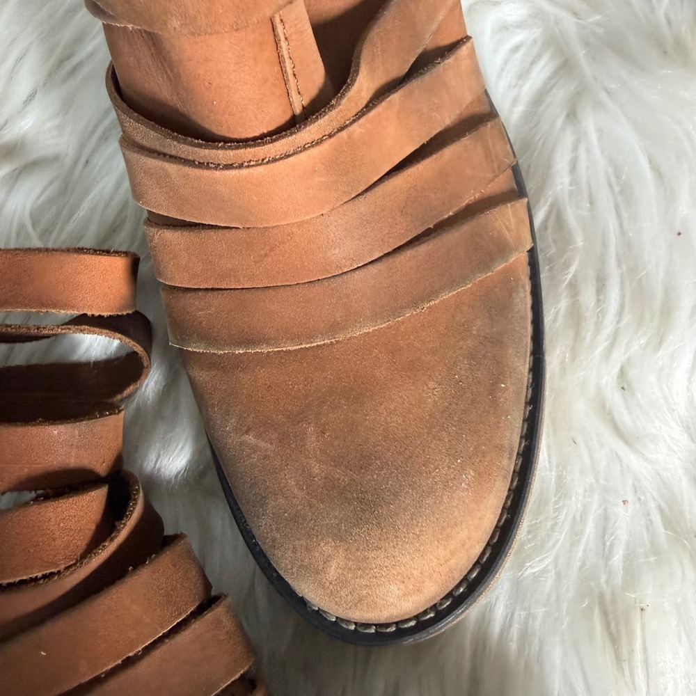 Free People Joe Tan Leather Strappy Block Heel Ankle Boots Brown Boho Zip Back - Picture 5 of 12